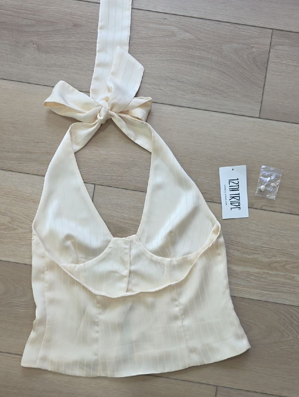 12th Tribe Dorothy Cream Pinstripe Satin Halter Button-Front Top - Picture 9 of 12